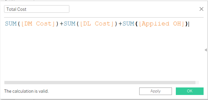 A window showing total cost with a formula below and an apply and ok button at the bottom right.