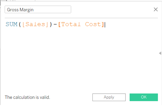 A window showing gross margin with a formula below and an apply and ok button at the bottom right.