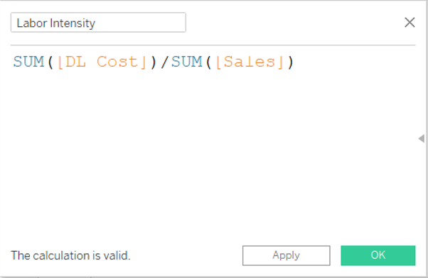 A window showing labor intensity with a formula below and an apply and ok button at the bottom right.